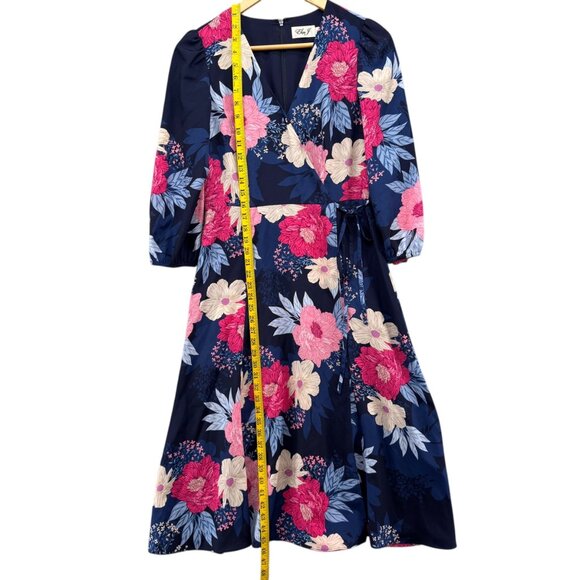 Eliza J Floral Faux Wrap Midi Dress Navy Blue Multi 3/4 Sleeve Lined Size 4 - Picture 10 of 13